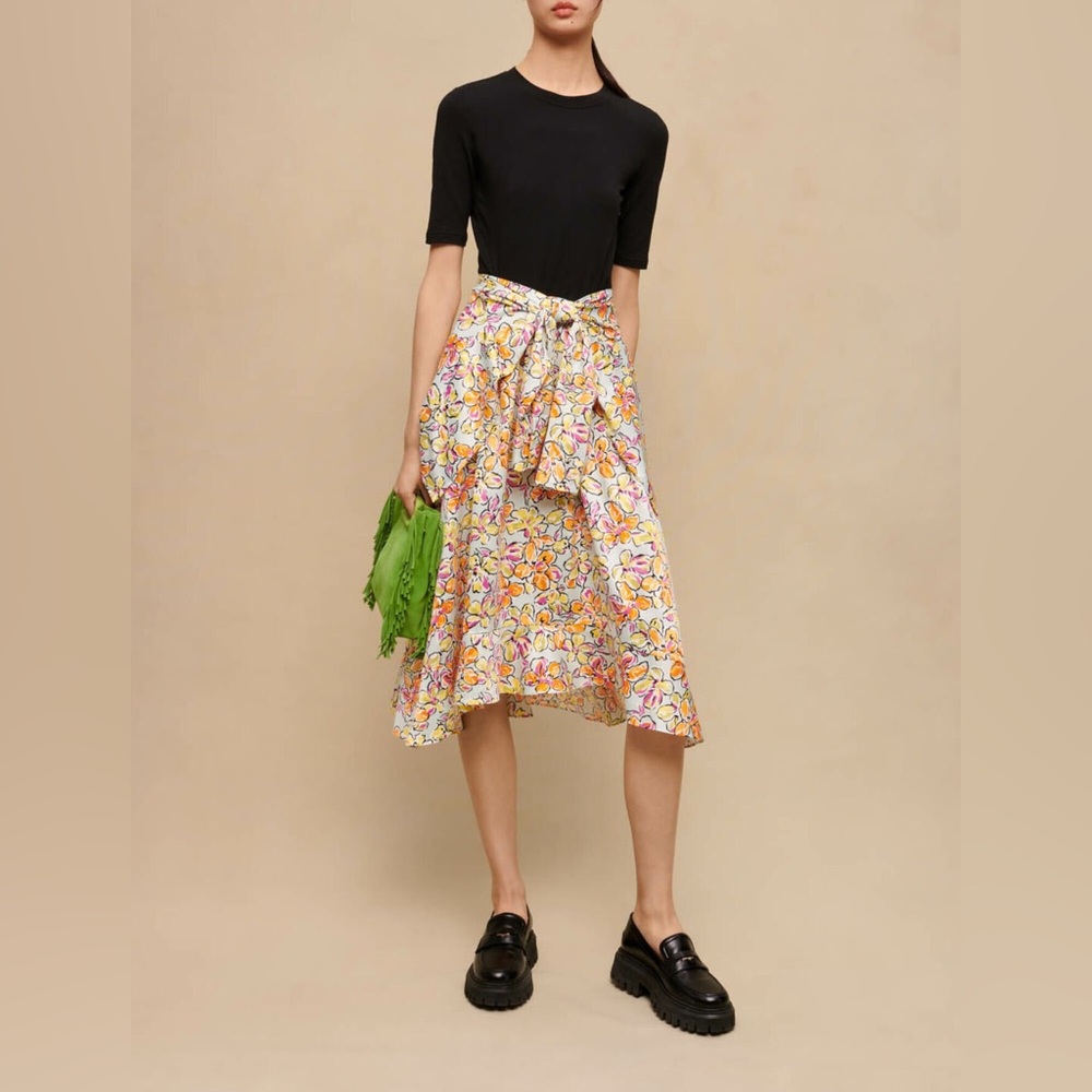 MAJE Knotted Floral-print Satin-crepe stretch-cotton jersey midi dress EU 40